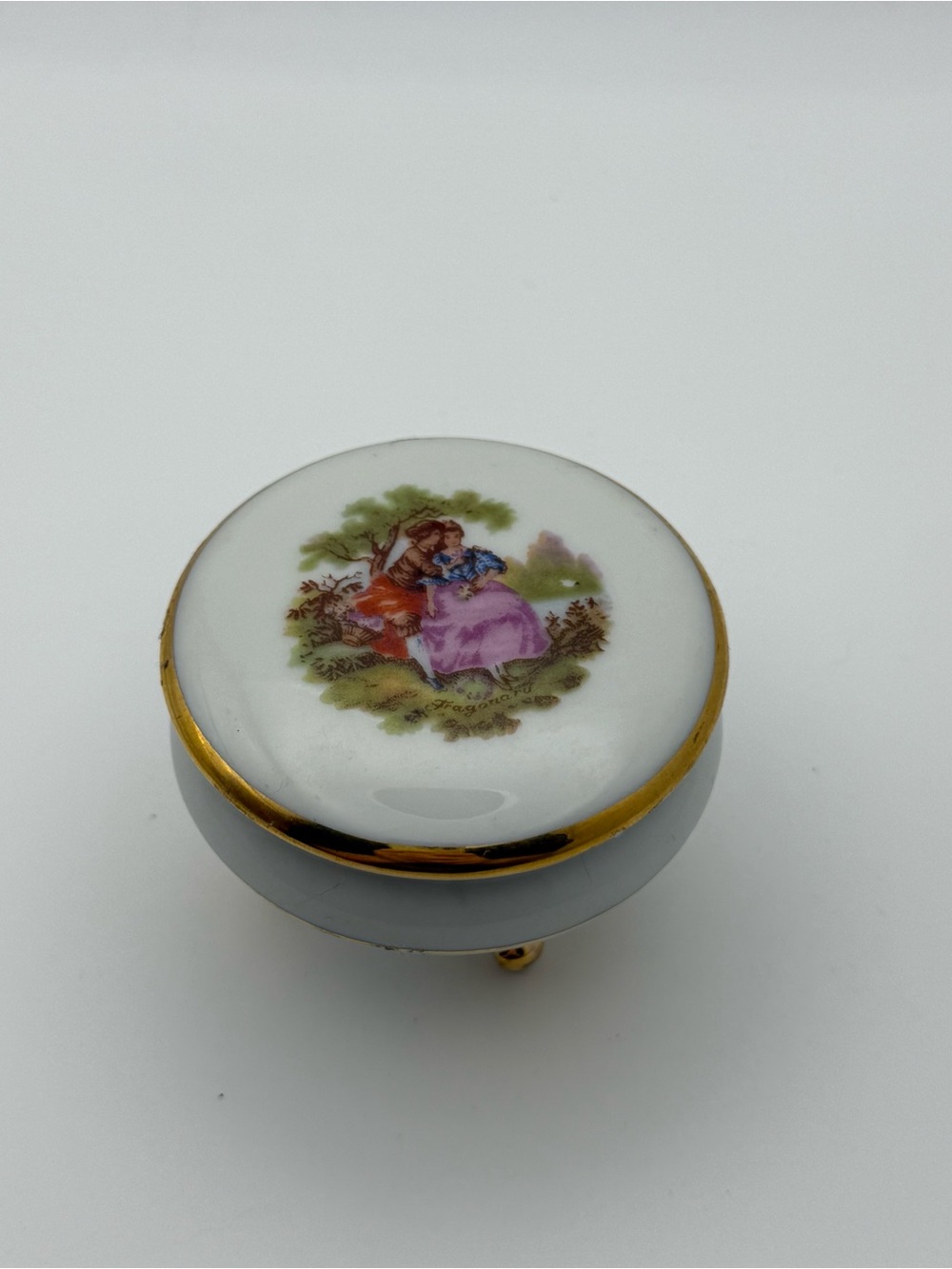 Vintage Limoges  Porcelain Trinket Box with Romantic Scene